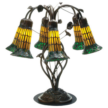 19 High Stained Glass Pond Lily Amber and Green 6 Light Table Lamp