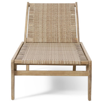 Stetson Outdoor Acacia Wood and Flat Wicker Chaise Lounge, One (1) Chaise Lounge