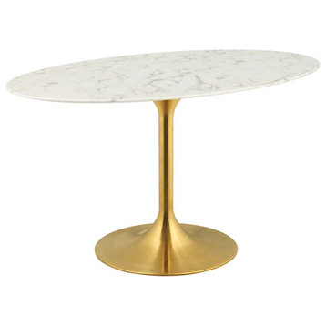 Modway Lippa 54" Oval Artificial Marble Dining Table, Gold/WH -EEI-3235-GLD-WHI