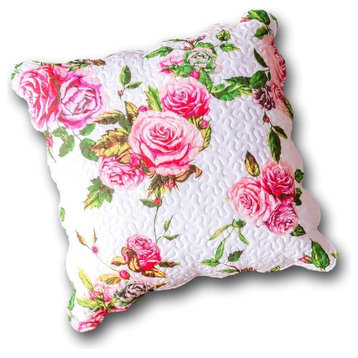 Romantic Roses Spring Floral Pink Scalloped Euro Pillow Sham Cover, 26" x 26"