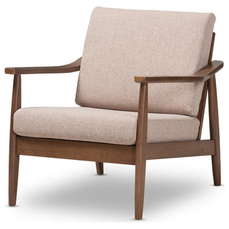 Venza Mid-Century Modern Walnut Wood Light Brown Fabric Upholstered Lounge Chair