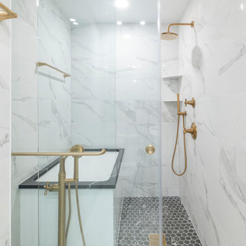 Transitional Primary Bathroom Project With Art Deco Accents
