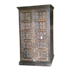 Mogulinterior - Consigned Antique Wardrobe Armoire Lotus Floral Carved Doors Storage Cabinet - Armoires and Wardrobes