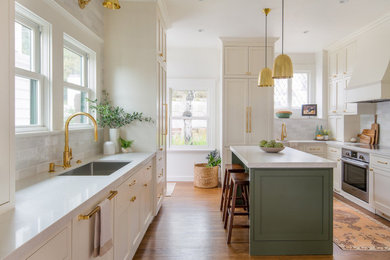 Creamy White Shaker Kitchen w/Flush Inset Design & Green Accent Island
