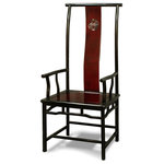 China Furniture and Arts - Black Trim Dark Cherry Rosewood Chinese Ming Longevity Arm Chair - Made of solid rosewood, this chair is exquisitely hand-carved with the symbol of Longevity in the center. Highly durable, it was constructed with traditional joinery techniques by artisans in China. To use as a dining chair or place a pair in a special spot in your living room. Hand applied rich dark cherry and black ebony finish. Silk cushions are available separately.