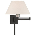Livex Lighting - Livex Lighting Black 1-Light Swing Arm Wall Lamp - Add this versatile swing arm wall lamp bedside or above a favorite reading chair to enjoy more light where you need it. The black finish with brushed nickel accent is transitional while the oatmeal fabric shade offers subtle texture.