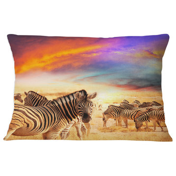 Zebra Herd under Colorful Sunset Sky Animal Throw Pillow, 12"x20"
