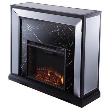 Bowery Hill Trandling Mirrored Faux Marble Wood Fireplace in Black/Silver