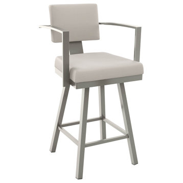 Amisco Akers Swivel Counter and Bar Stool, Cream Faux Leather / Grey Metal, Counter Height