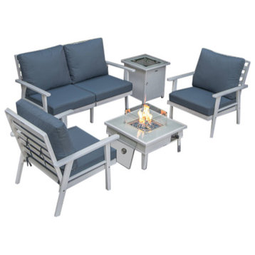 LeisureMod Walbrooke White Patio Conversation Set With Fire Pit, Navy Blue