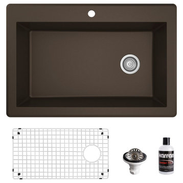 Karran Drop-In Quartz 33" 1-Hole Single Bowl Kitchen Sink Kit, Brown