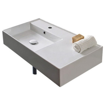 Ceramic Wall Mount or Vessel Bathroom Sink With Counterspace, One Hole