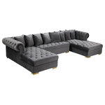 Meridian Furniture - Presley Velvet 3-Piece Sectional, Gray - Get ready to relax after a long day with this Presley Gray Velvet 3pc. Sectional from Meridian Furniture. Featuring rich Gray velvet upholstery with deep tufting and comfy pillows, this double chaise sectional provides a luxurious, cozy space to kick back and watch TV, take a nap, or curl up with a nice book. Complete sets of gold and chrome legs complement your contemporary home decor while providing solid support for the sectional's frame.