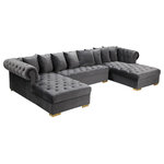 Meridian Furniture - Presley Velvet 3-Piece Sectional, Gray - Get ready to relax after a long day with this Presley Grey Velvet 3pc. Sectional from Meridian Furniture. Featuring rich grey velvet upholstery with deep tufting and comfy pillows, this double chaise sectional provides a luxurious, cozy space to kick back and watch TV, take a nap, or curl up with a nice book. Complete sets of gold and chrome legs complement your contemporary home decor while providing solid support for the sectional's frame.