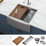 Ruvati - 24-inch Workstation Farmhouse Sink 16 Gauge Stainless Steel - RVH9020 - Ruvati’s Verona collection combines the best of both worlds: a functional workstation sink and a bold stainless steel apron-front installation. The workstation design features a built-in ledge that provides a platform for Ruvati’s unique accessories. Each sink in the Verona collection features the perfect trio: a solid hardwood cutting board, a stainless steel colander, and Ruvati’s patented foldable drying rack. Made of premium, commercial-grade 16-gauge stainless steel, each sink is extremely durable and easy to clean. With the Verona collection, you can do all your prep work on top of your sink and keep your countertops free of mess.
