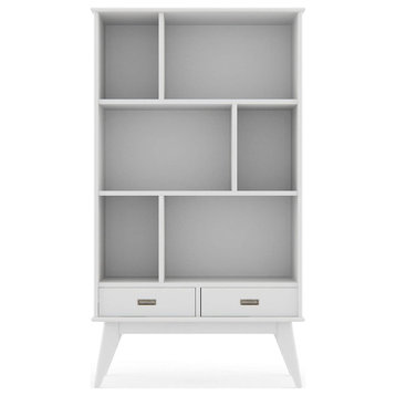 Mid Century Modern Bookcase, 6 Open Compartments & 2 Storage Drawers, White