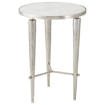 Elegant Contemporary Nickel Accent Table White Marble Round Silver Minimalist