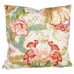 Studio Design Interiors - Holsworthy Too Grande 90/10 Duck Insert Pillow With Cover, 22x22 - Printed on a soft natural linen, beautiful flowers in red, and peach, and soft butter yellows spring from aqua vines in this open and airy garden motif.  Finished with an extreemly soft raw silk back in natural. Exceptional.