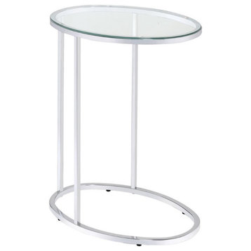 Bowery Hill Oval Contemporary Metal Side Table with Glass Top in Chrome