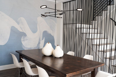 Kitchen/dining room combo - large modern wallpaper kitchen/dining room combo idea in Orange County with blue walls