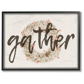"Gather Typography Strawflower Wreath", 11 X 14, Framed Giclee Texturized Art