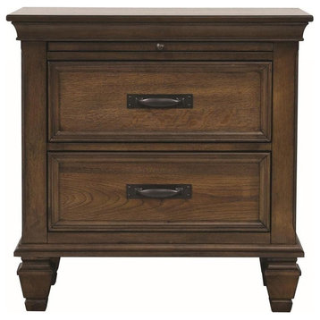 Contemporary Nightstand, Carved Feet & 2 Spacious Drawers, Burnished Oak