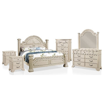 FOA Charo 6pc White Wood Bedroom Set-Cal King+2 Nightstands+Chest+Dresser+Mirror