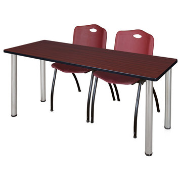 66"x24" Kee Training Table, Mahogany/Chrome and 2 "M" Stack Chairs, Burgundy