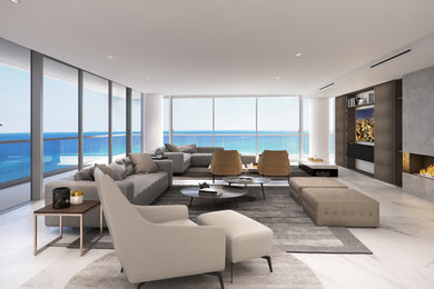 Inspiration for a large modern formal and enclosed marble floor and white floor living room remodel in Miami with gray walls, a ribbon fireplace, a concrete fireplace and a media wall
