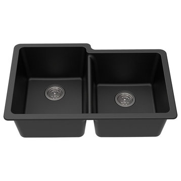 Winpro Dual-Mount Kitchen Sink, Offset Double Bowl, Granite Quartz, 33", Black