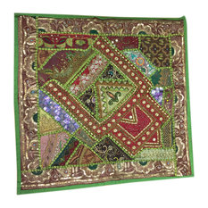 Mogul Interior - Decorative Green Throw Cushion Vintage Patchwork Embroidered Square Pillow - Decorative Pillows