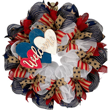 Three Patriotic Hearts Welcome Wreath Handmade Deco Mesh 24 inch or 28 inch, 24 Inch Diameter