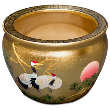12 Inch Gold Leaf Longevity Cranes Fishbowl Planter, Without Stand