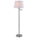Kenroy Home - Riverside Swing Arm Floor Lamp - This transitional floor lamp features a reeded candlestick base which brought up to date with a contemporary crisp white drum shade and an adjustable swing arm. With a wide range of motion thanks to its swing arm construction, this floor lamp provides easy and accessible illumination options, simply position the swing arm where you need it, when you need it and tuck it away when your task is complete. With a slim profile perfect for tucking behind furniture, this floor lamp is perfect for minimalist living rooms or small space apartments thanks to its function-forward design and stylish classic looks.