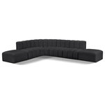 Meridian Furniture - Arc Vegan Leather Upholstered 7-Pc. L-Shaped Modular Sectional, Black - Unleash modern opulence with the Arc Vegan Leather 7pc. Sectional. Crafted for the modern connoisseur, this Sectional injects an air of refined luxury into any space. Its sleek silhouette, upholstered in supple black vegan leather, exudes timeless sophistication while the deep channel tufting adds textural intrigue, further elevating the chair's visual appeal. The modular design makes it a versatile chameleon, effortlessly adapting to your evolving needs and preferences. Whether you envision it gracing a chic living room corner, basking in the glow of a bedroom window, or adding a touch of drama to a home office, the Arc seamlessly complements your unique interior aesthetic.