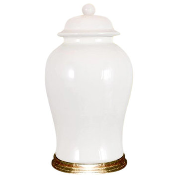 Chinese Porcelain White Temple Jar With Gold Leaf Wooden Stand 19"