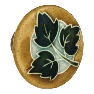 Round Ceramic Leaves Knob, Brown and Green