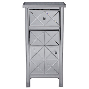 32 7 Antique White Wood Accent Cabinet With Mirrored Drawer And