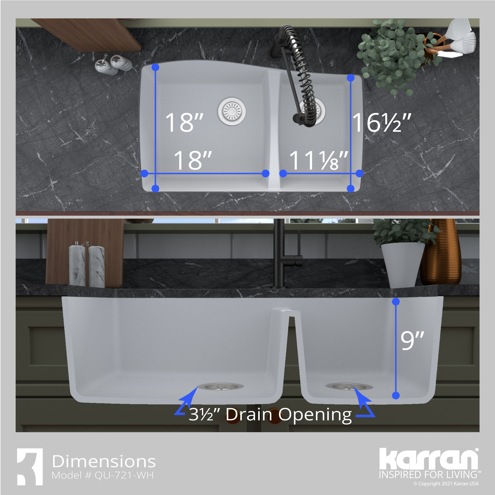 Karran Undermount Quartz 33" 60/40 Double Bowl Kitchen Sink, White