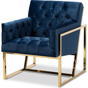 Milano Contemporary Navy Velvet Fabric Upholstered Gold Finished Lounge Chair