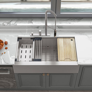 Sinber Single Bowl Kitchen Sink with 304 Stainless Steel Satin Finish, 36"x20" Workstation, Apron/Farmhouse