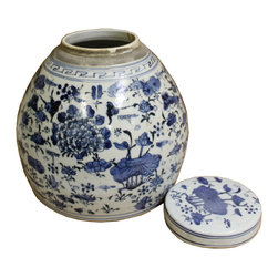Chinese Vintage Oriental Blue & White Flat Round Ginger Jar - Decorative Jars And Urns