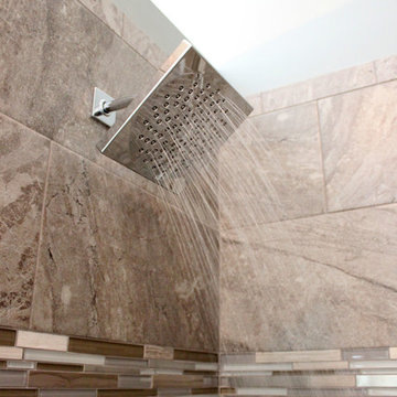 Cherry Onyx Vanity with Cambria Bellingham Countertops and Gray Tiled Shower