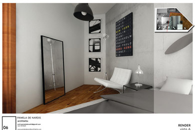 Ispirazione per una piccola camera matrimoniale industriale con pareti grigie, pavimento in laminato e pavimento marrone