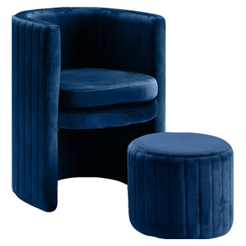 Selena 2-Piece Velvet Accent Chair and Ottoman Set, Navy