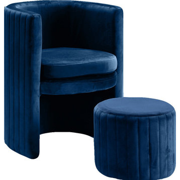Selena 2-Piece Velvet Upholstered Accent Chair and Ottoman Set, Navy