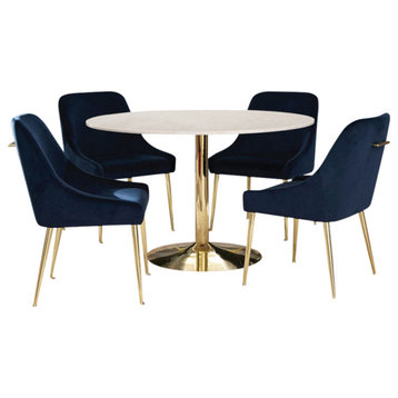 Kella 5-piece Round Marble Top Dining Set Blue and Gold