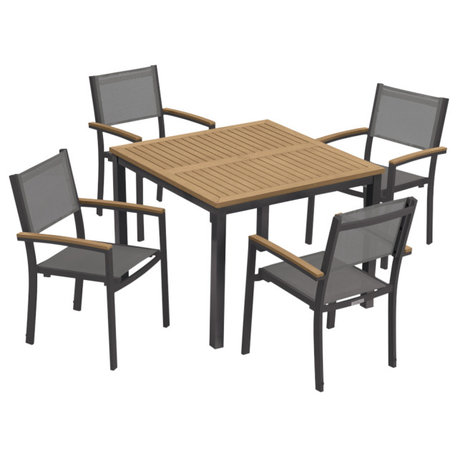 Travira 39" Square Dining Table 4 Armchairs, Carbon, Titanium, Natural Tekwood