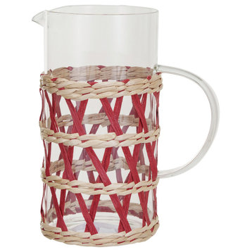 Glass Pitcher With Woven Sleeve, Red and Natural