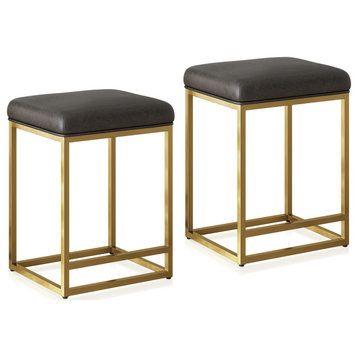 24" Upholstered PU Leather Bar Stools Set of 2, with Metal Base, Grey & Gold
